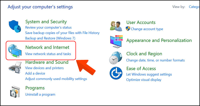 Mở cửa sổ Network and Internet